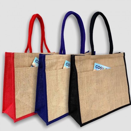 Large Colour Jute Bag with Jute Pocket